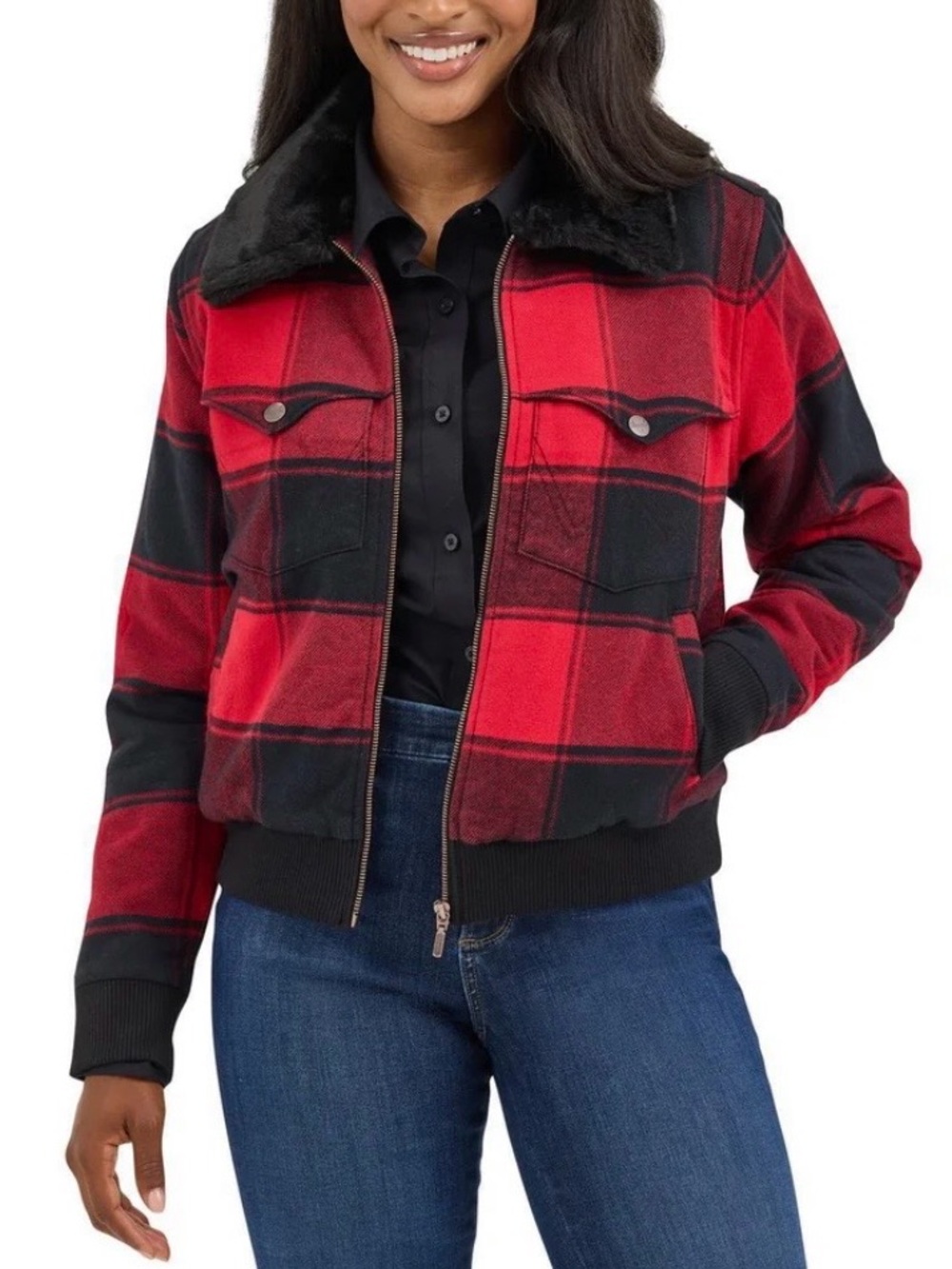Wrangler Retro Buffalo Plaid Bomber Jacket, Red/Black, NWT, Women’s Size Large